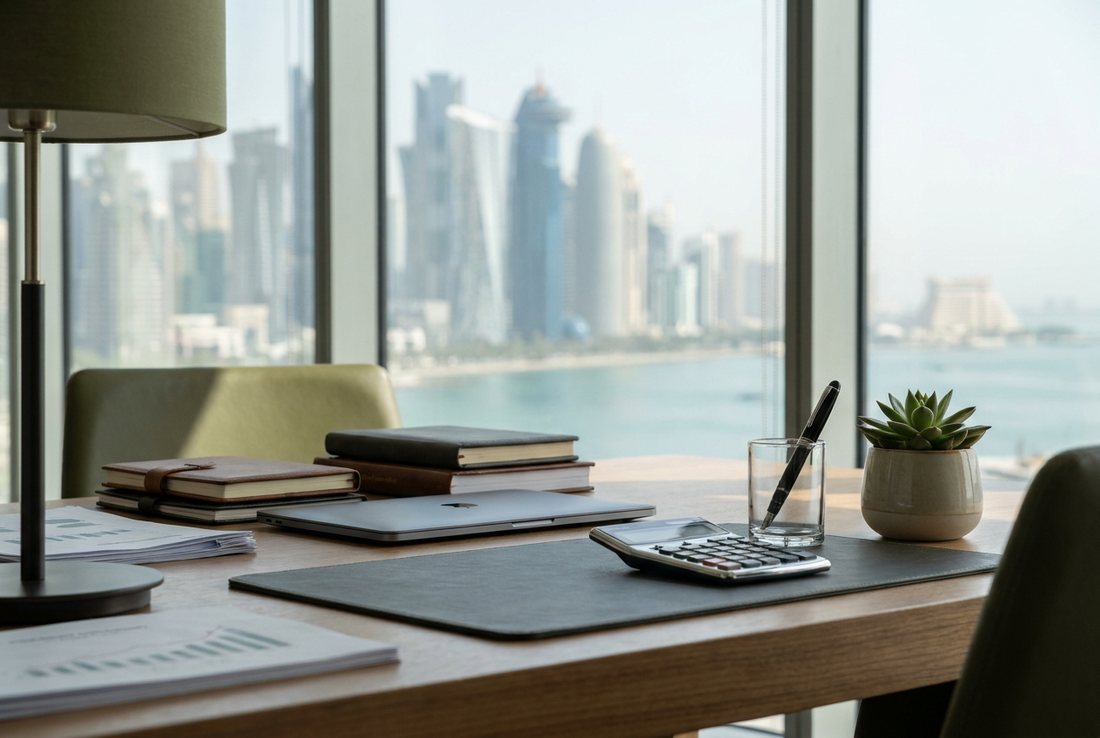 A modern accountant's desk overlooking the Doha skyline